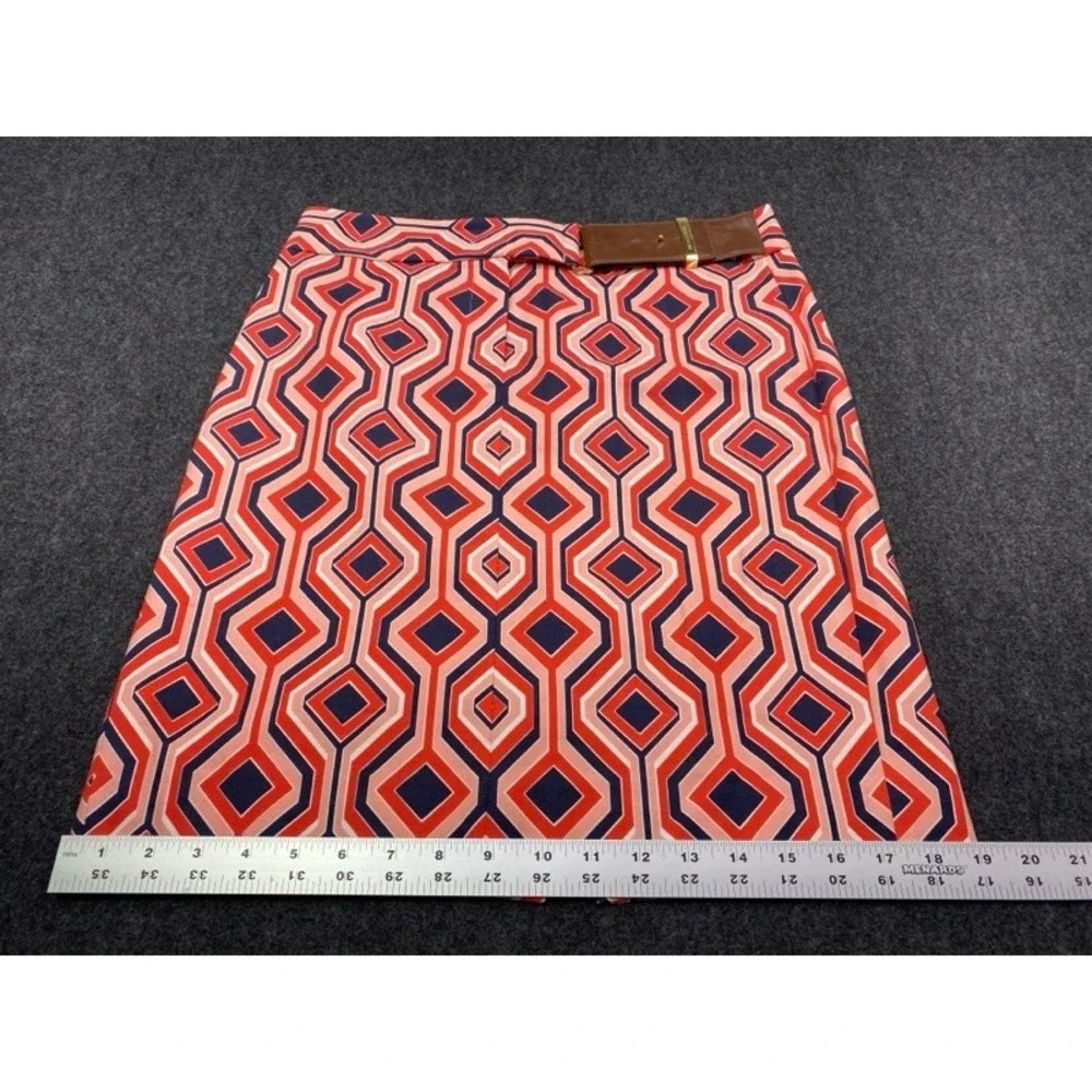 Michael Kors Pencil Skirt Womens 6 Orange Navy Geometric Diamond Belted 20in